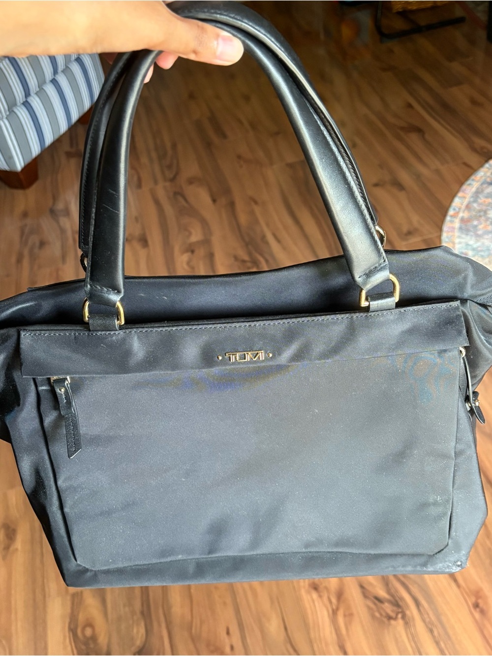 TUMI Voyager Black Nylon Satchel Tote Bag Gold Hardware